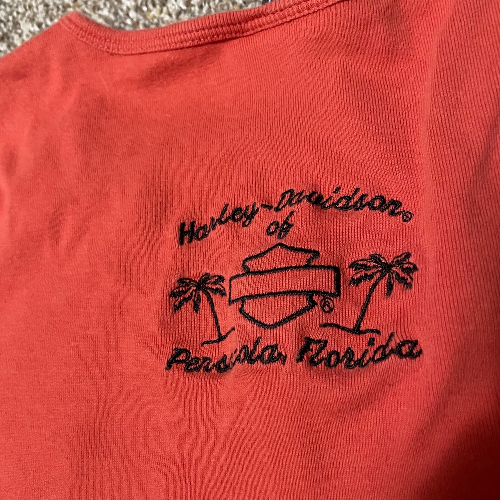 Harley Davidson Womens Coral Orange Rhinestone Split Neck Long Sleeve Top Size M - Picture 5 of 6